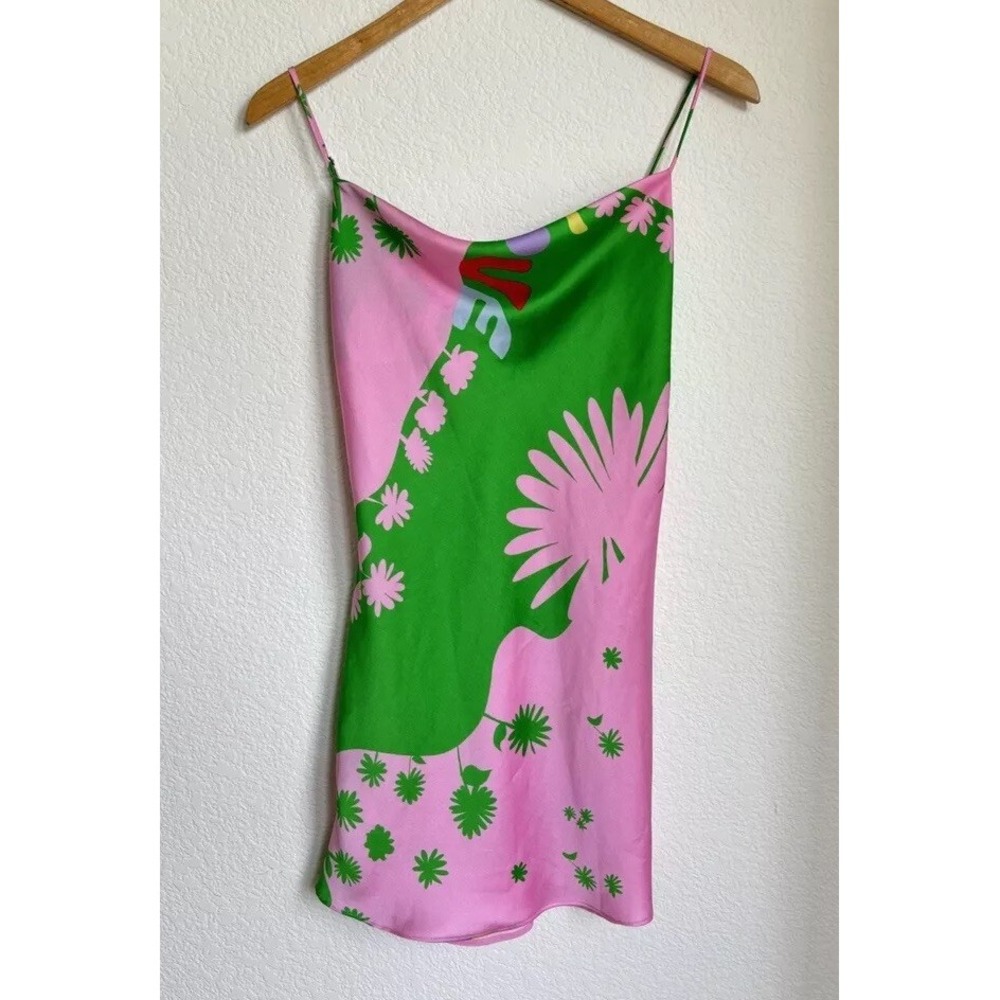 Rare‎ Zara Pink & Green Matisse Print Satin Short Slip Dress XS